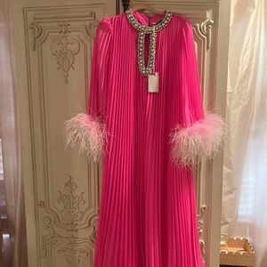 Self portrait hot pink feather trimmed maxi embellished crystal gown UK6/US2 4